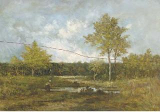 Léon Richet - A figure by a pond in a forest clearing