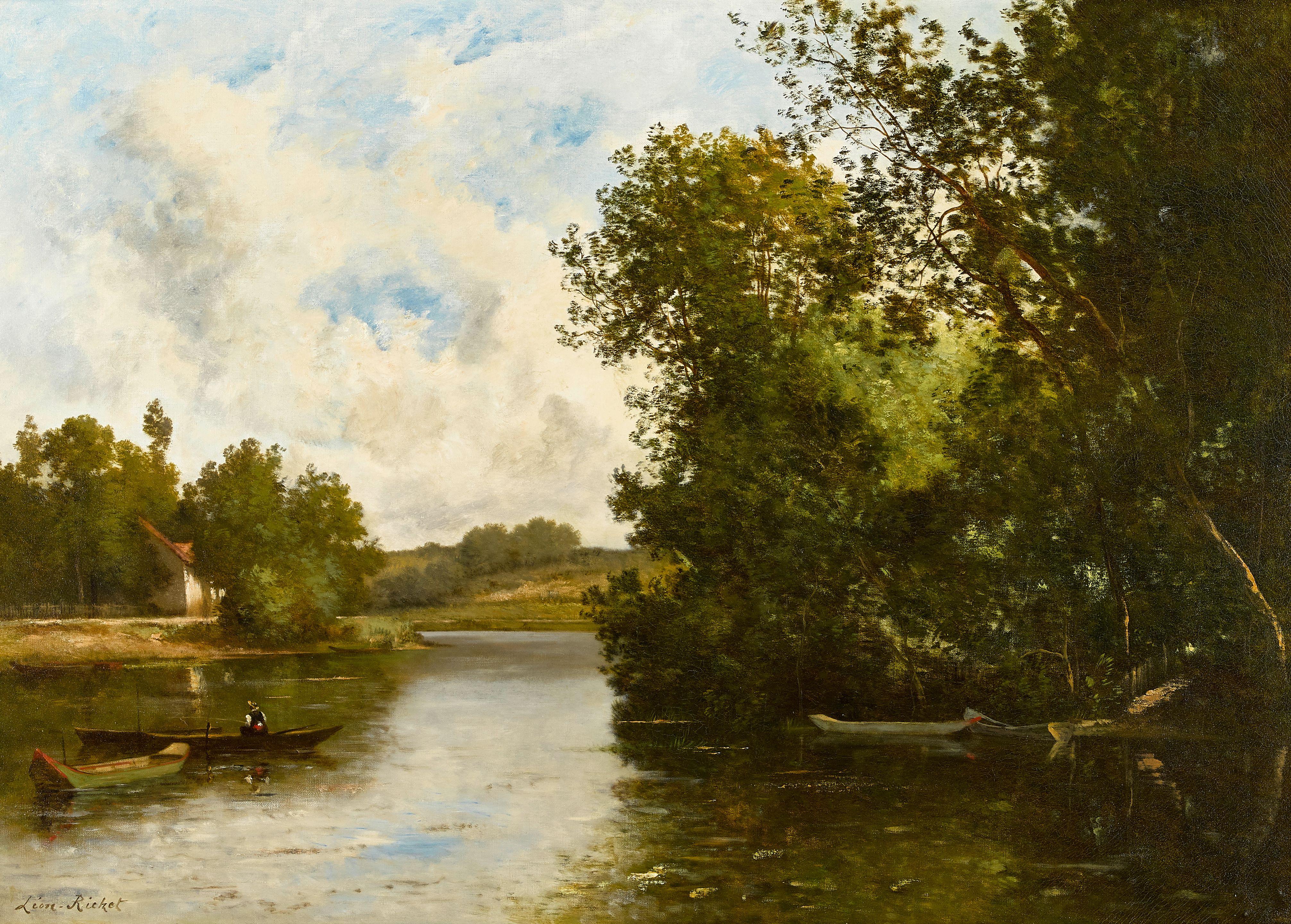Léon Richet - A fisherman in a boat on a tranquil River