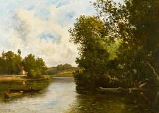 Léon Richet - A fisherman in a boat on a tranquil River