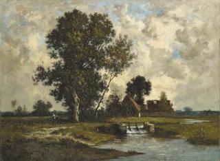 Léon Richet - A Landscape with Figures by a Stream