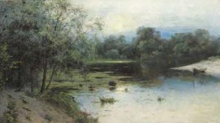 Léon Richet - A tranquil lake landscape at dusk