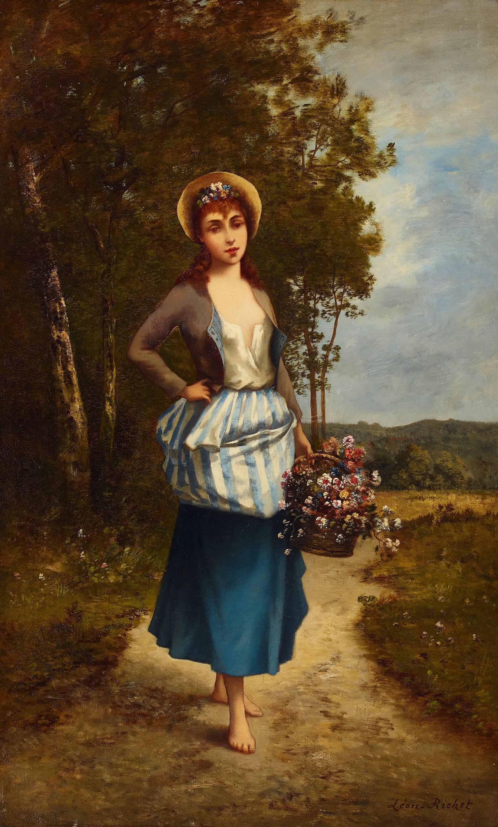 Léon Richet - Jeune fille au panier de fleurs 24 1/4 x 15 1/8in (61.5 x 38.5cm)