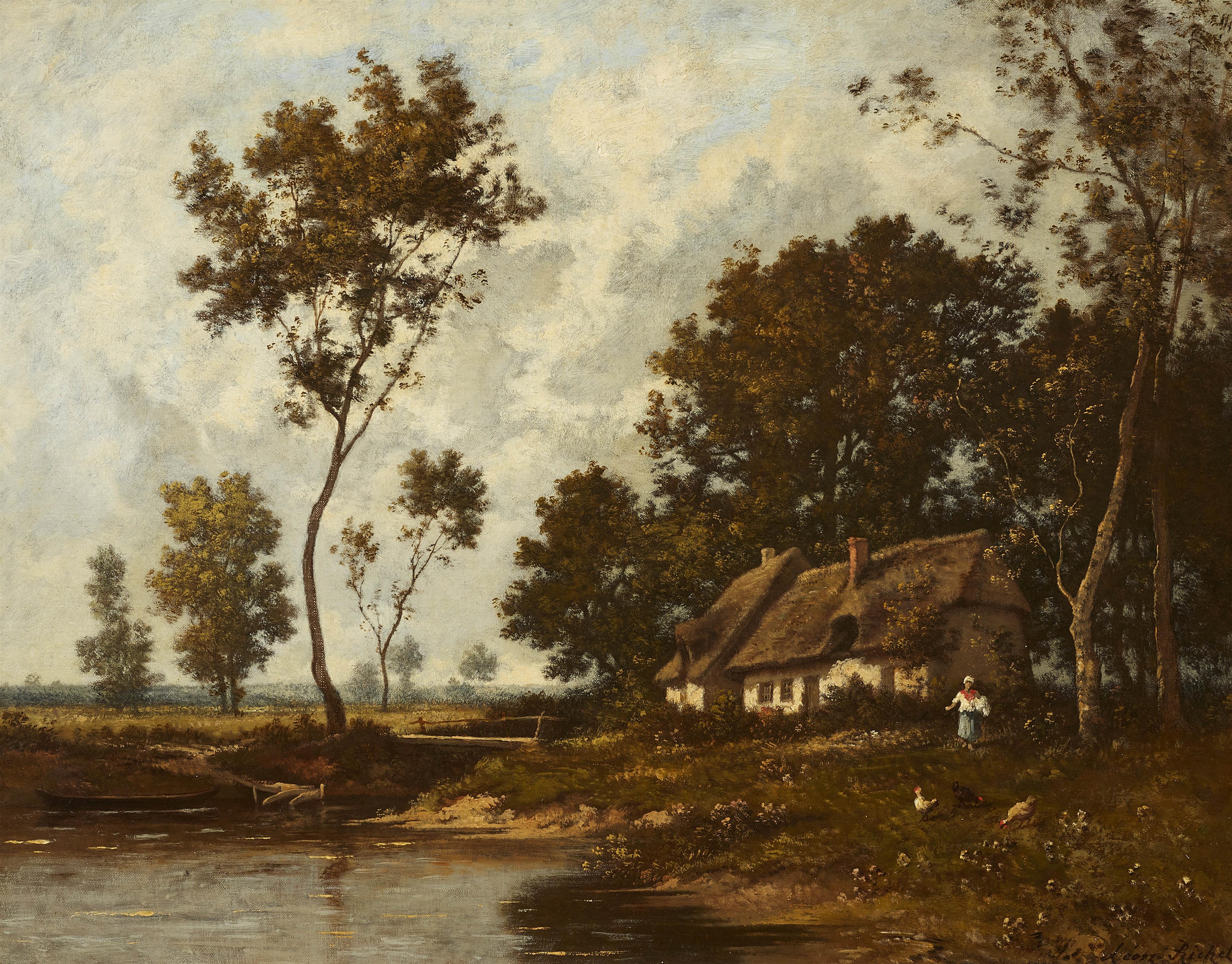 Léon Richet - Landschaft mit Haus am See