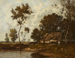Léon Richet - Landschaft mit Haus am See