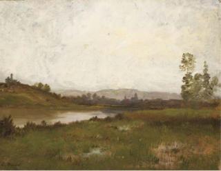 Léon Richet - Two views of a village: a carriage leaving a village, and church\'s village in a mountainous landscape