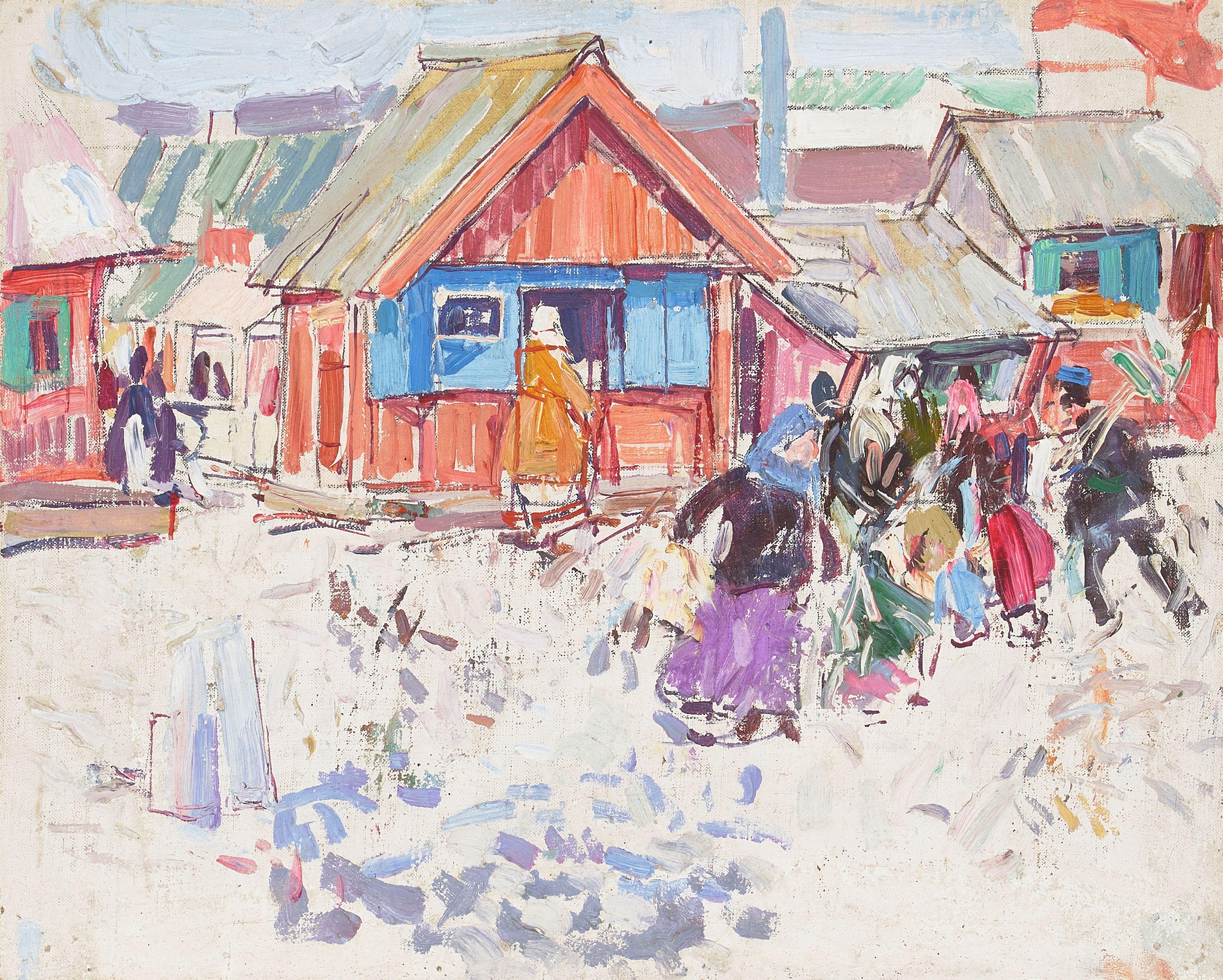 Leon Schulman Gaspard - Russian Village with Group 7 x 8 1/2 in. framed 8 x 9 3/4 in.