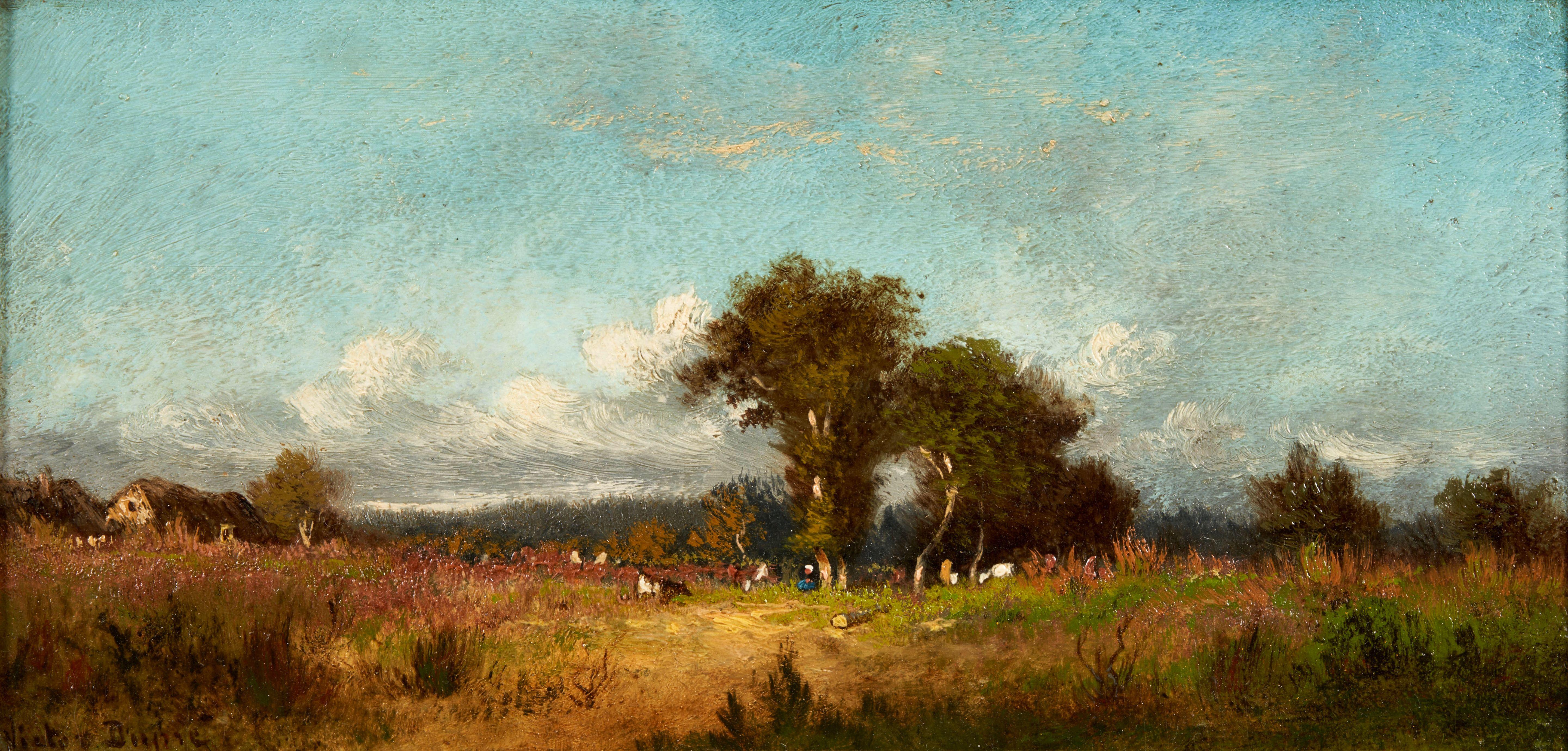 Leon Victor Dupré - Figures and Livestock in a Field with a Cottage