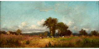 Leon Victor Dupré - Figures and Livestock in a Field with a Cottage