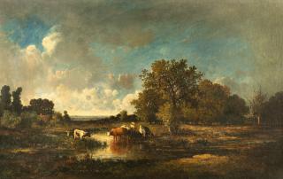 Leon-Victor Dupré - Weite Landschaft mit kleiner Kuhherde und einer Magd