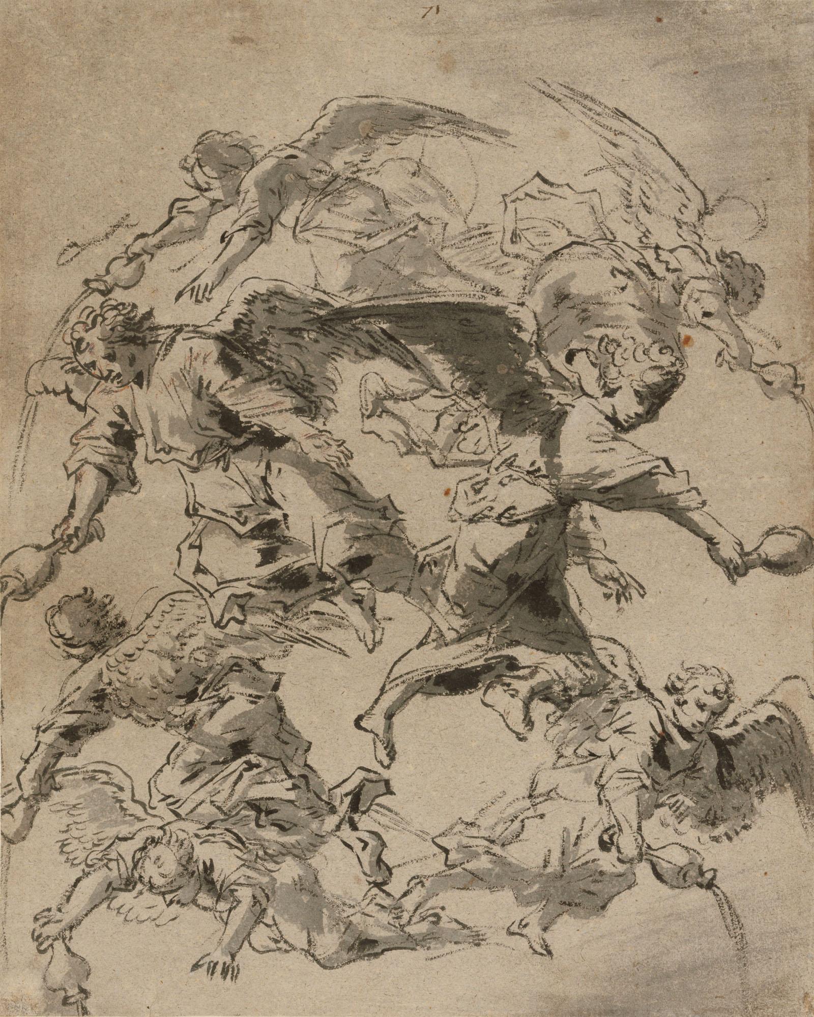 Leonaert Bramer - A group of flying angels pouring liquid from vessels