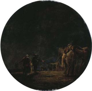 Leonaert Bramer - A moonlit landscape with travellers leading their pack mules, a resting goat herd beyond
