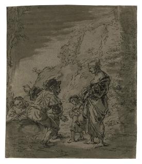 Leonaert Bramer - A woman and child asking directions from two men (recto); A man and woman conversing near a village (verso)