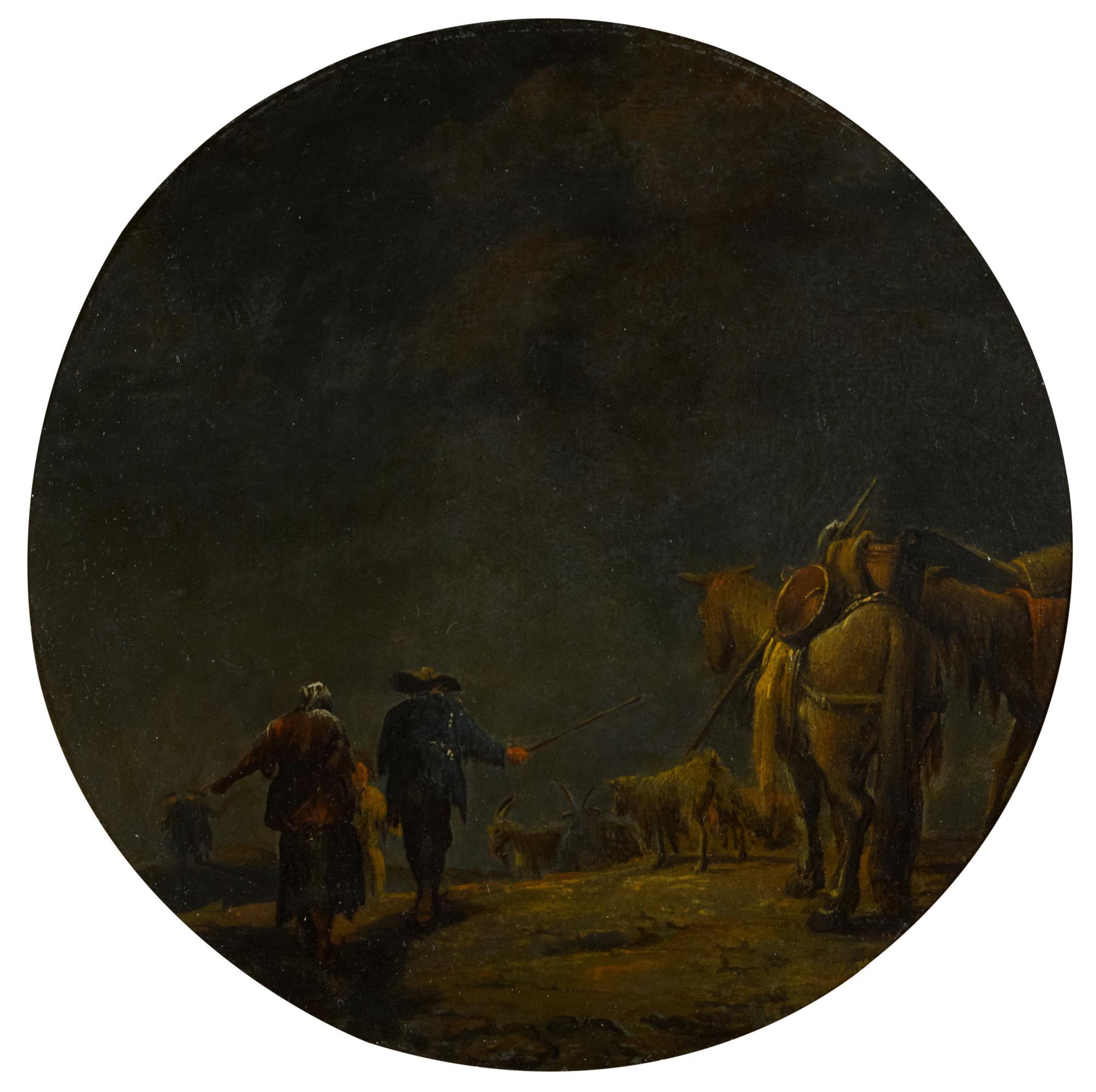 Leonard Bramer - A Moonlit Landscape With Drovers And Their Pack Of Mules