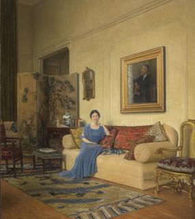 Leonard Campbell Taylor, RA, ROI, RP - Mrs Henry Wickham Steed, in a London interior