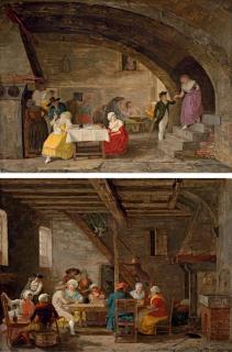 Léonard Defrance - Interior of an Inn with elegant figures eating and artisans playing cards in the background; and Interior of an Inn with mixed company taking tea
