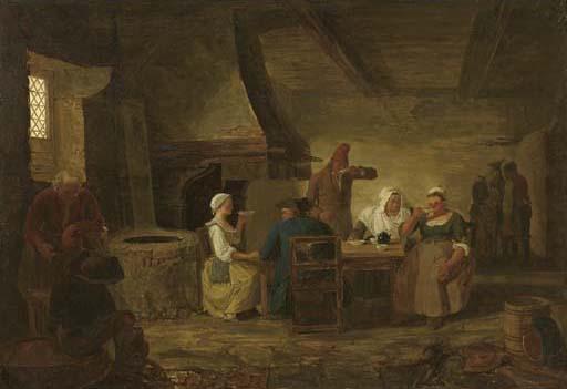 Leonard Defrance - The interior of an inn with peasants seated by a table drinking tea