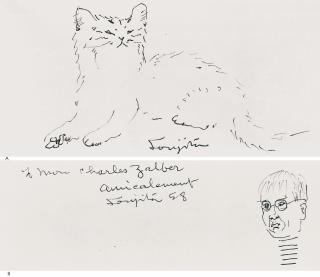 Leonard Foujtia - Cat, Self Portrait  (Set Of Two Pieces) (Painted In 1958)