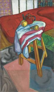 Leonard Major - Pears and a teapot on a draped stool before a bed