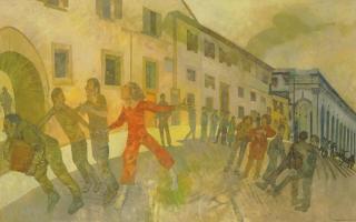 Leonard Rosoman, R.A. - Figures in a curved street, Florence