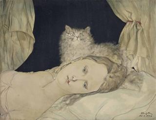 Léonard Tsuguharu Foujita - Buste de femme allongée au chat