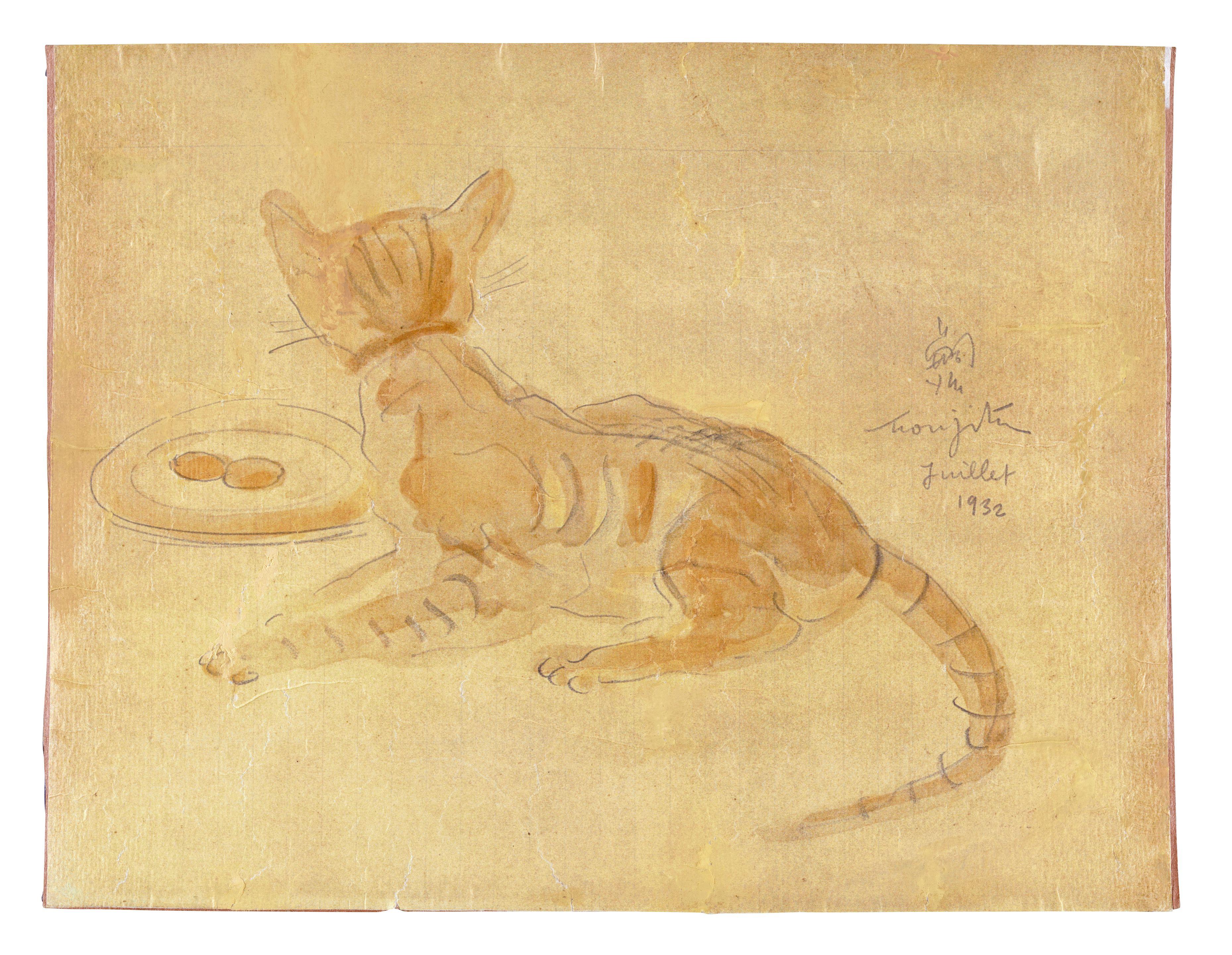 Léonard Tsuguharu Foujita - Chat de dos, devant son assiette
