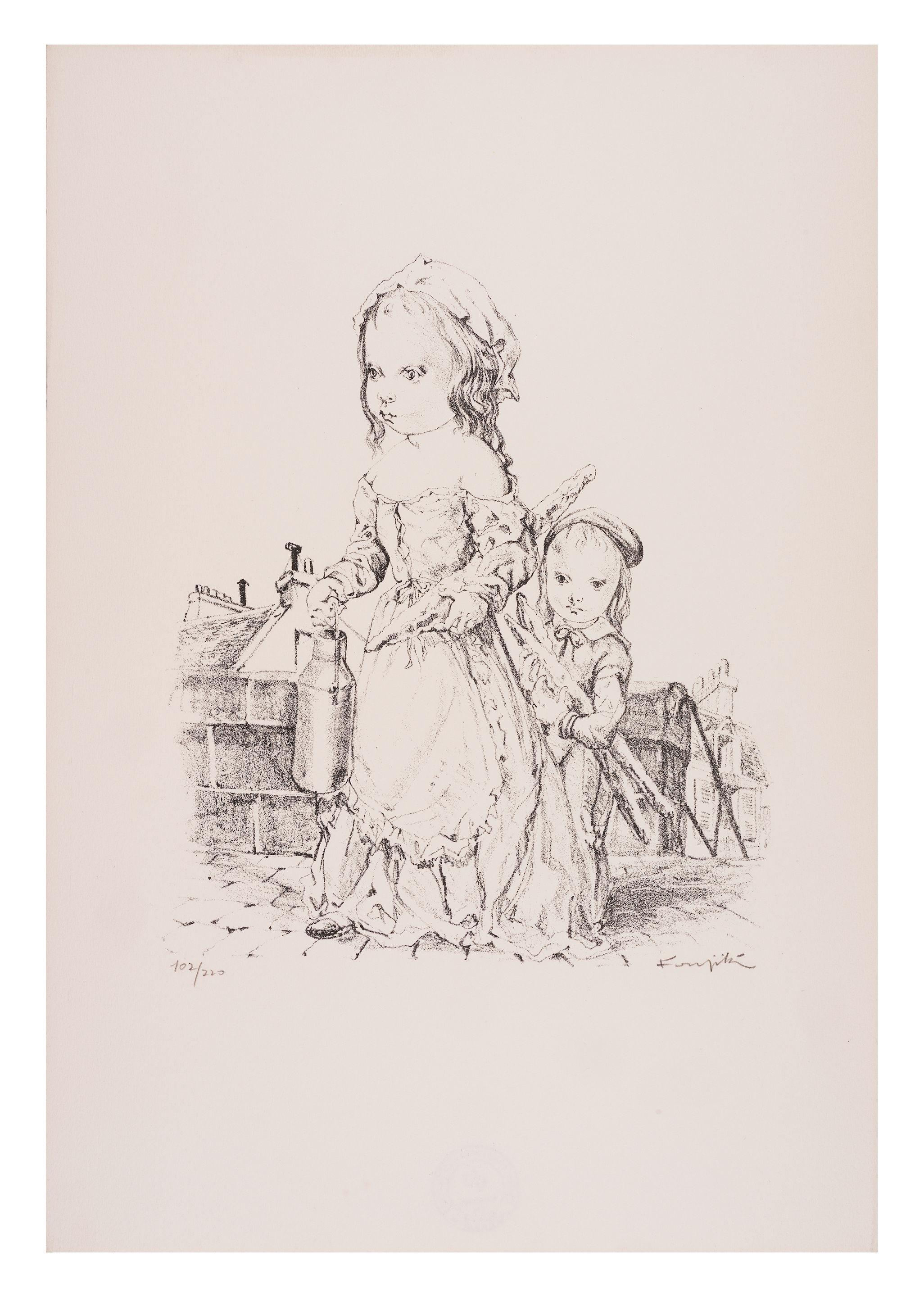 Léonard Tsuguharu Foujita - Jeune Fille Et L\'Enfant A La Baguette Et Au Pot, 1954