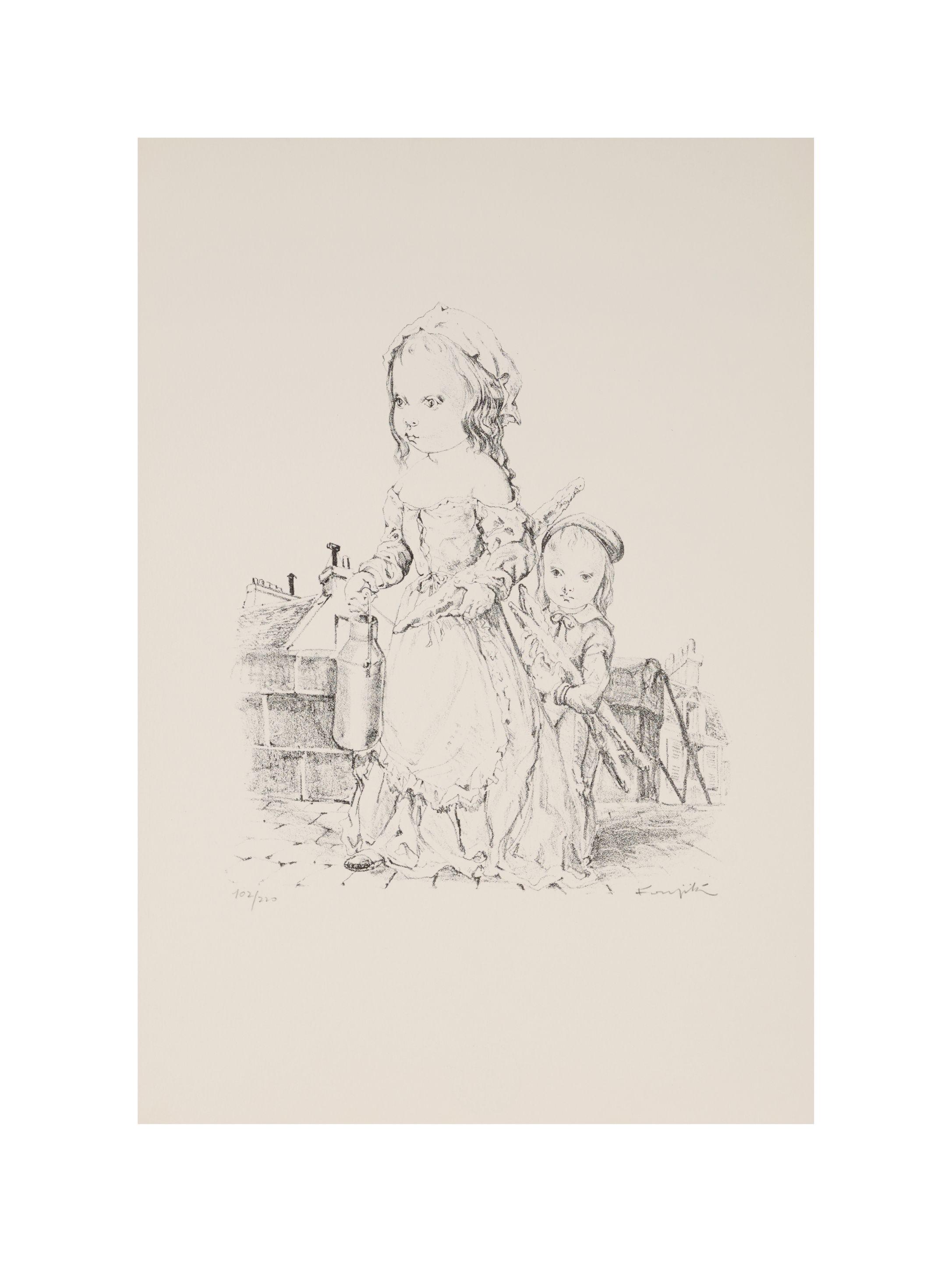 Léonard Tsuguharu Foujita - JEUNE FILLE ET L\'ENFANT A LA BAGUETTE ET AU POT, 1954