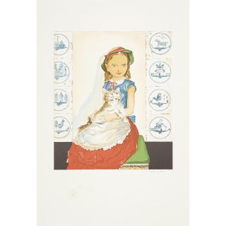 Léonard Tsuguharu Foujita - Mother and Child; The Morning; Two Young Girls with Bread and Milk; Young Girl Sitting with a Cat (4 works)