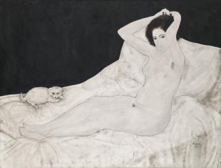 Leonard Tsuguharu Foujita - Nu sur un lit, avec un chien (Reclining Nude with A Small Dog)
