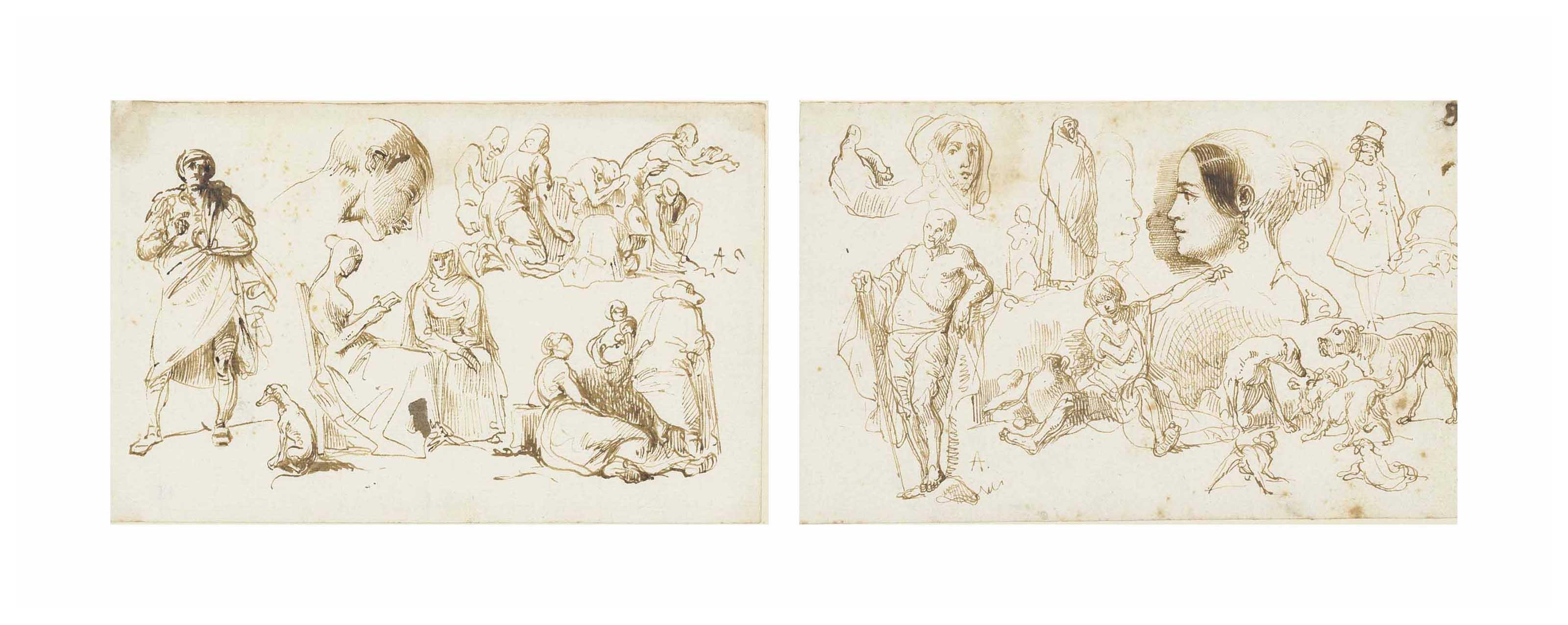 Leonardo Alenza Y Nieto - Studies of figures and dogs