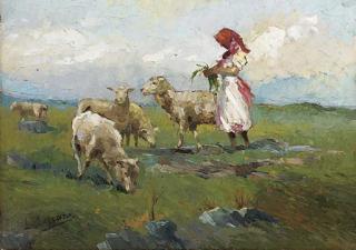 Leonardo Bazzaro - Una pastorella con pecore