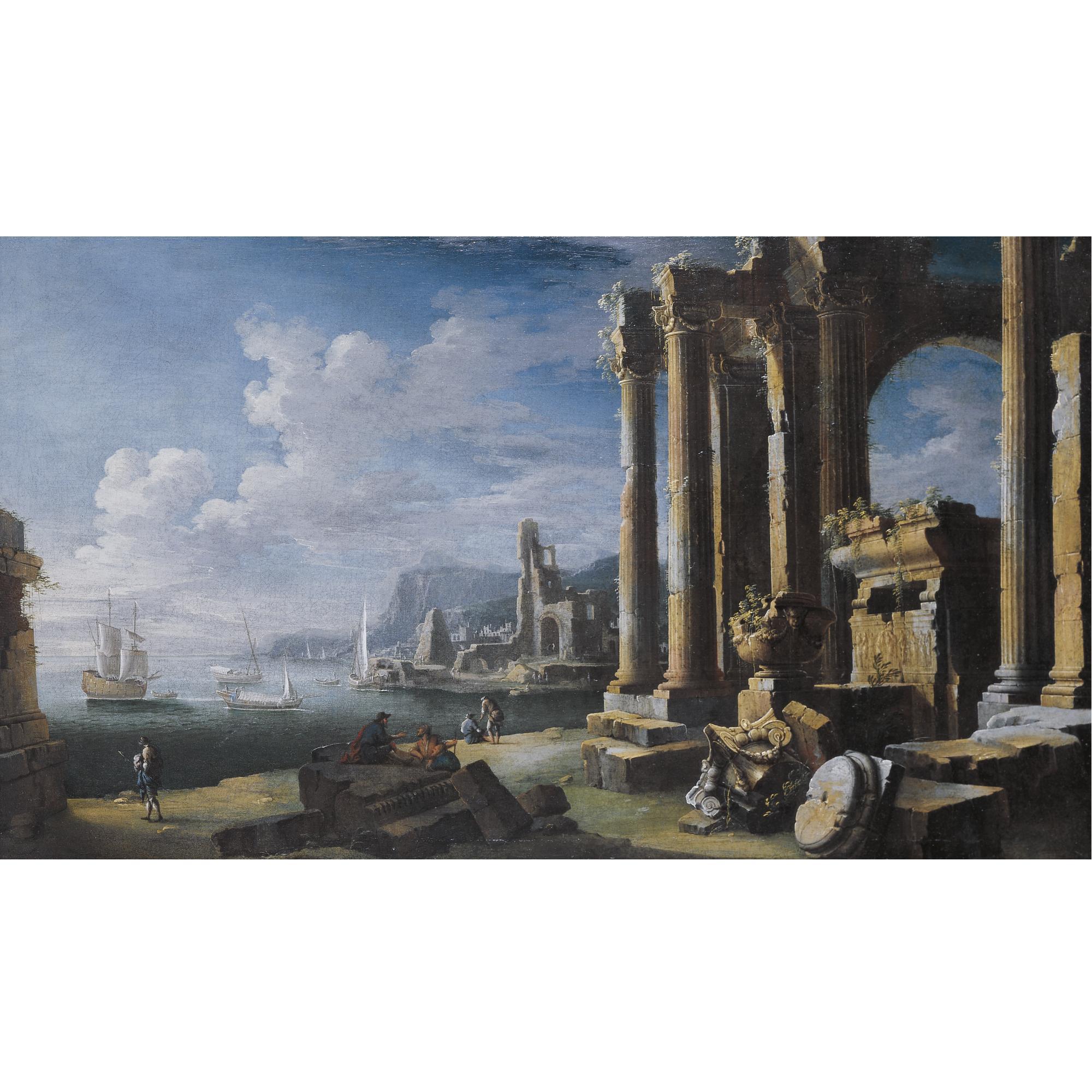 Leonardo Coccorante - A Capriccio Of Architectural Ruins With A Seascape Beyond