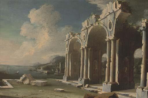 Leonardo Coccorante - A Capriccio of Classical Ruins By A Mediterranean Coastal Inlet