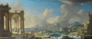 Leonardo Coccorante - A Mediterranean harbour with shipping floundering in stormy seas; and A fortified Mediterranean harbour