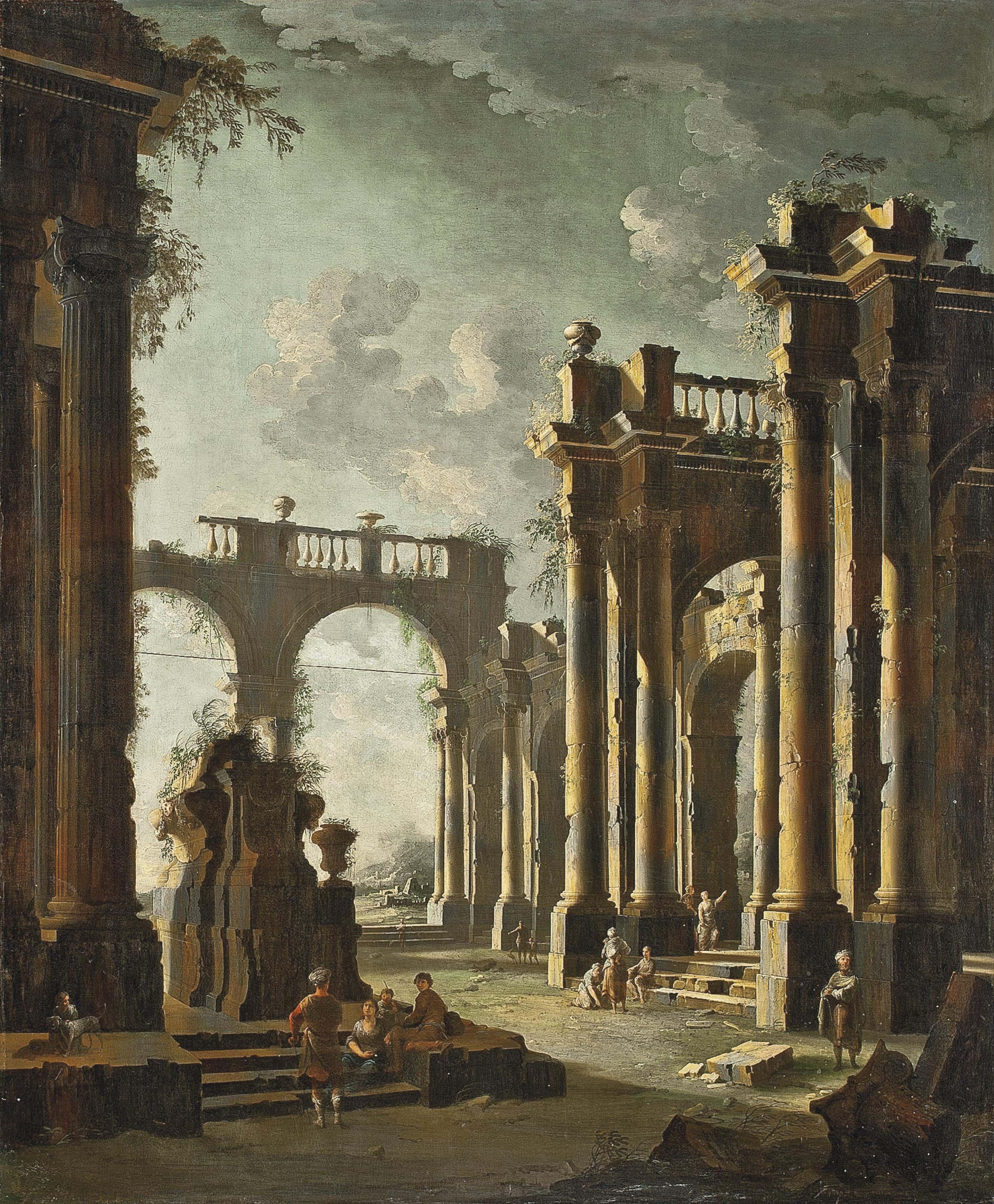 Leonardo Coccorante - An architectural capriccio of classical ruins with figures conversing
