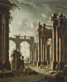 Leonardo Coccorante - An architectural capriccio of classical ruins with figures conversing