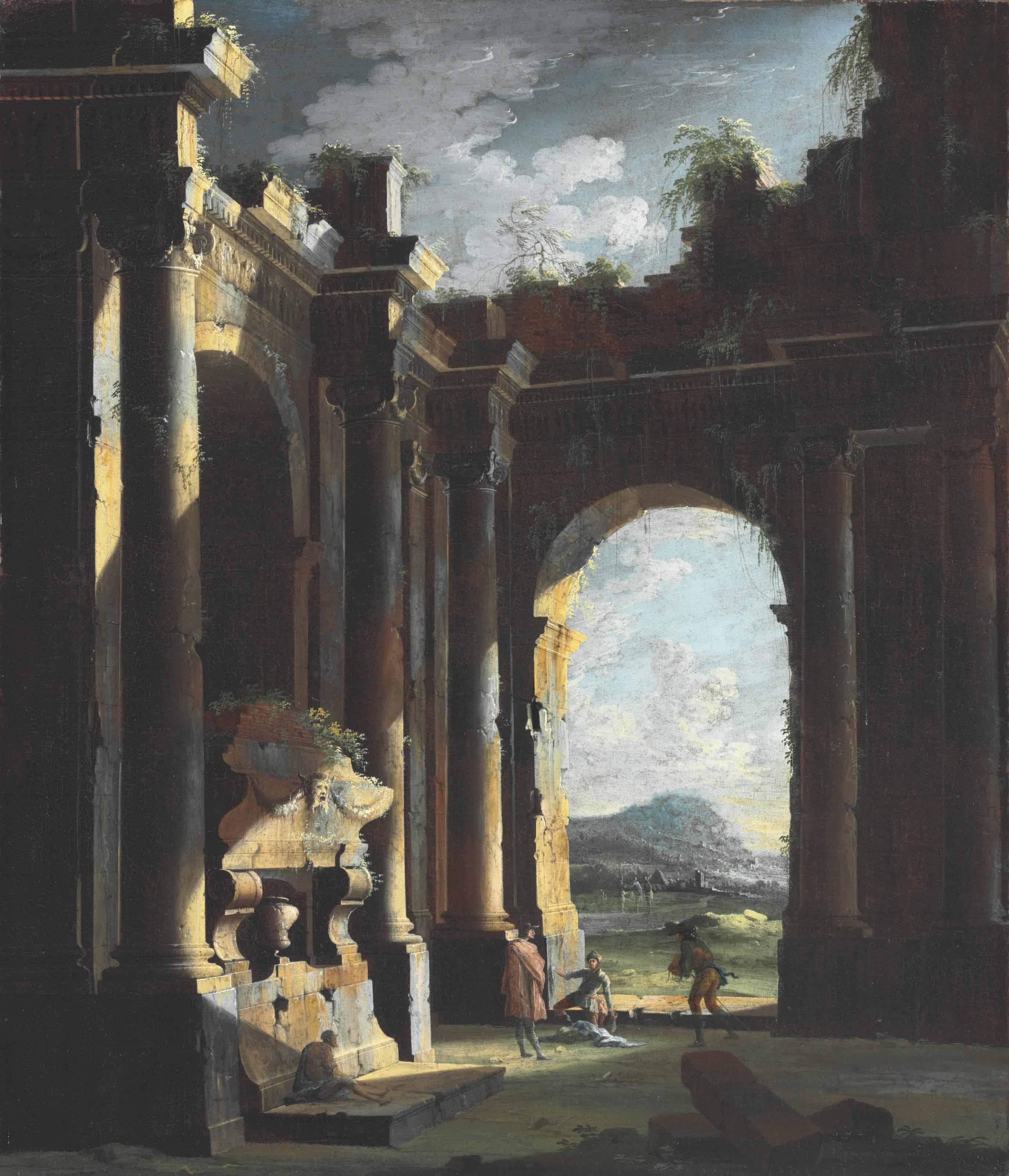 Leonardo Coccorante - An Architectural Capriccio With Figures