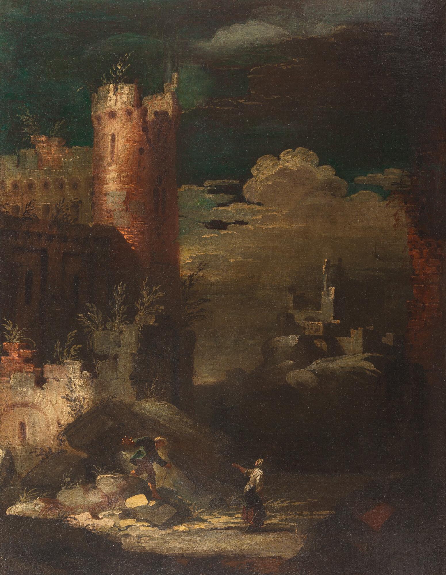 Leonardo Coccorante - Architekturcapriccio mit Turm und Figuren