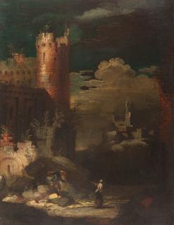 Leonardo Coccorante - Architekturcapriccio mit Turm und Figuren