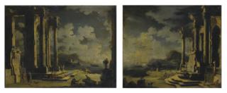 Leonardo Coccorante - Capriccio architettonico con figure; e Capriccio architettonico con figure presso una fontana