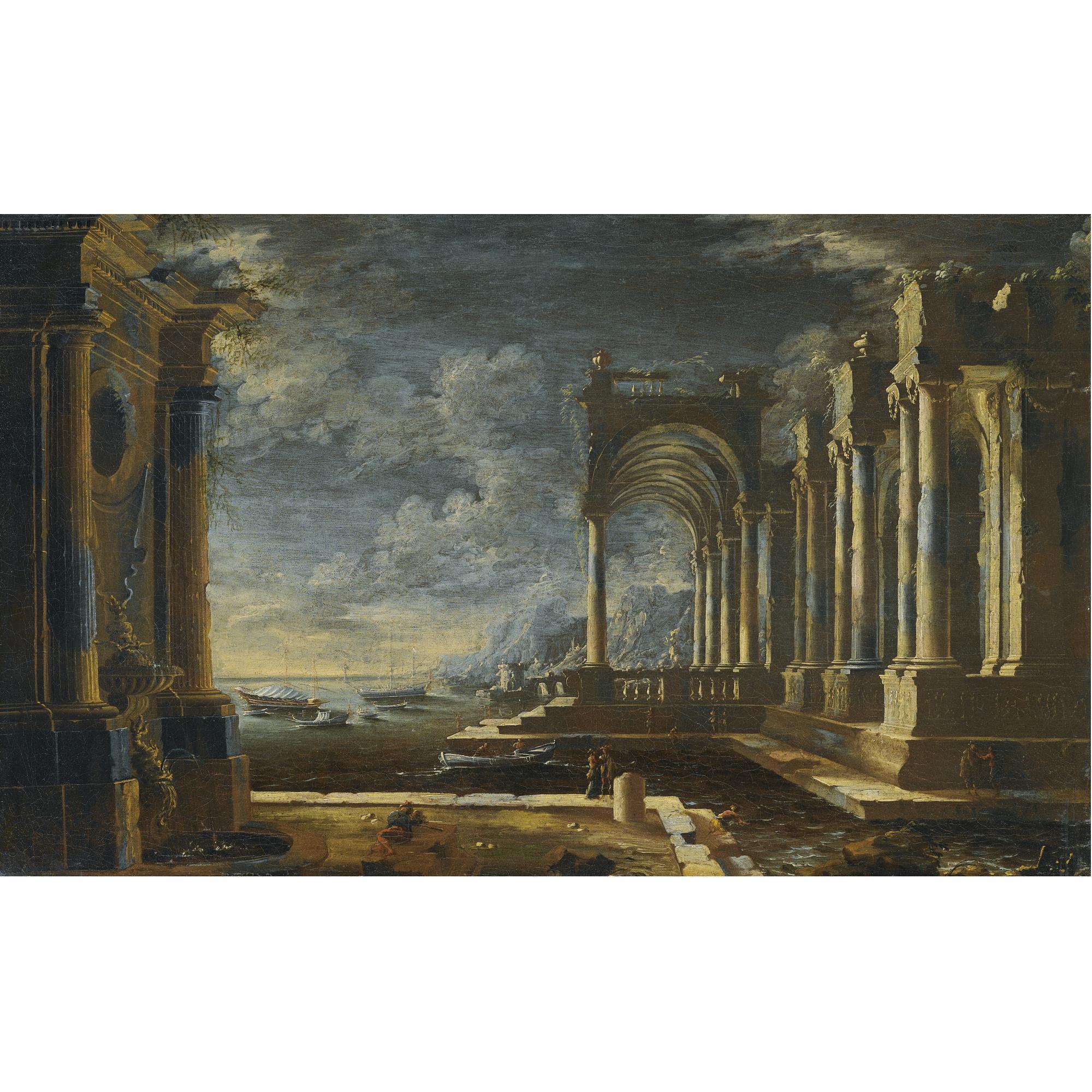 Leonardo Coccorante - Classic Ruins With Fountain On The Sea