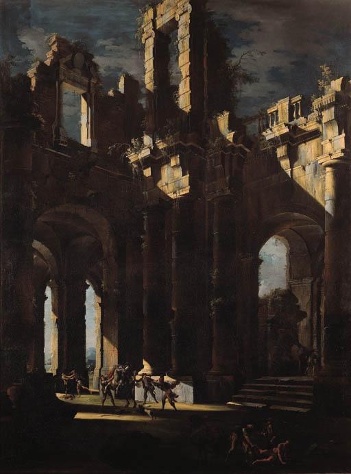 Leonardo Coccorante - Classical ruins with banditti