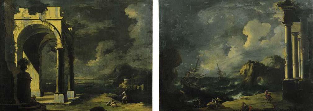 Leonardo Coccorante - Tempesta marina presso una costa mediterranea con rovine di architetture classiche e astanti vari Loggiato classico con pescatori presso una costa mediterranea