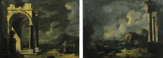 Leonardo Coccorante - Tempesta marina presso una costa mediterranea con rovine di architetture classiche e astanti vari Loggiato classico con pescatori presso una costa mediterranea