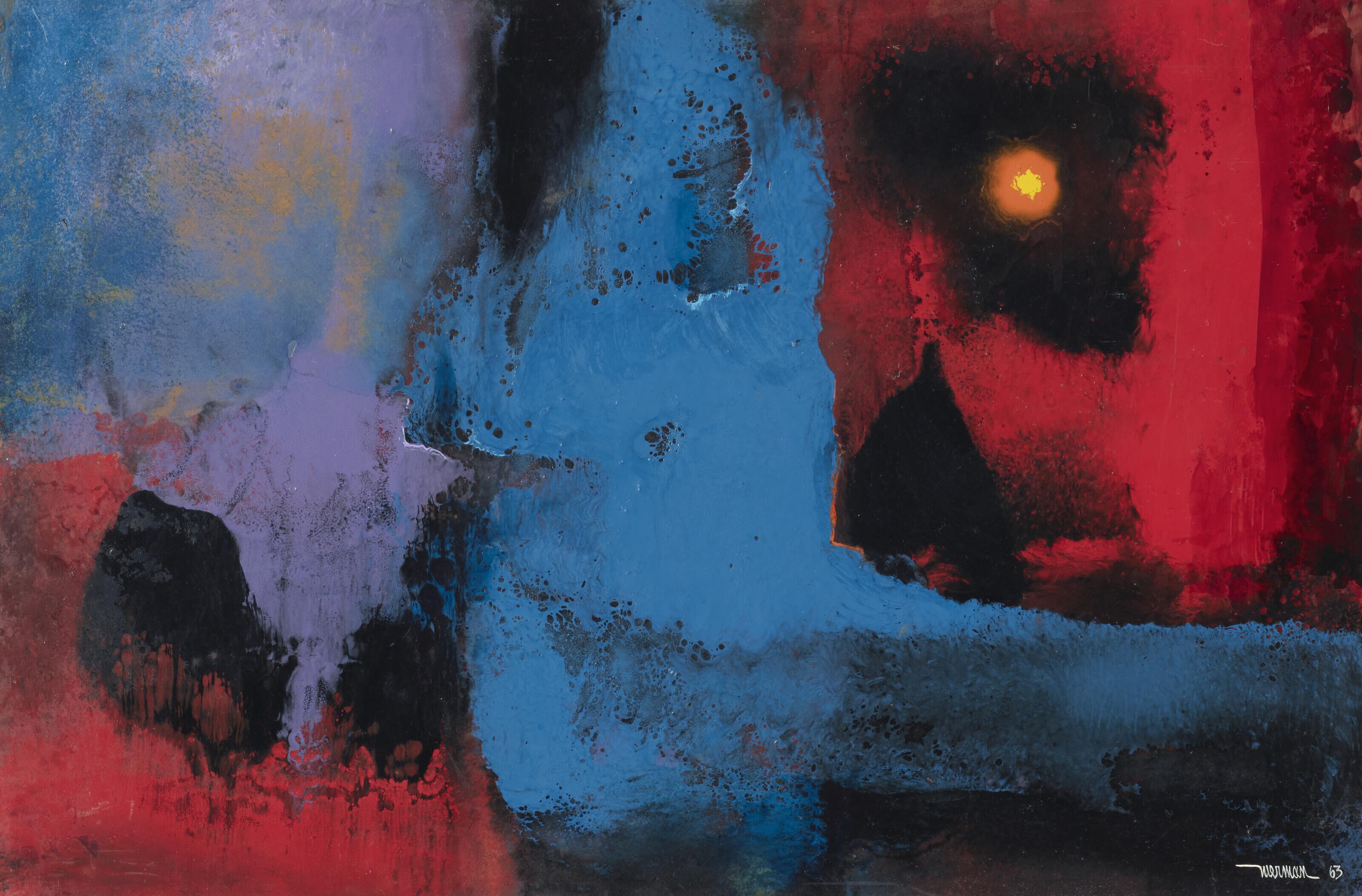 Leonardo Nierman - Untitled (Abstract landscape with red and blue, with sun-figure)