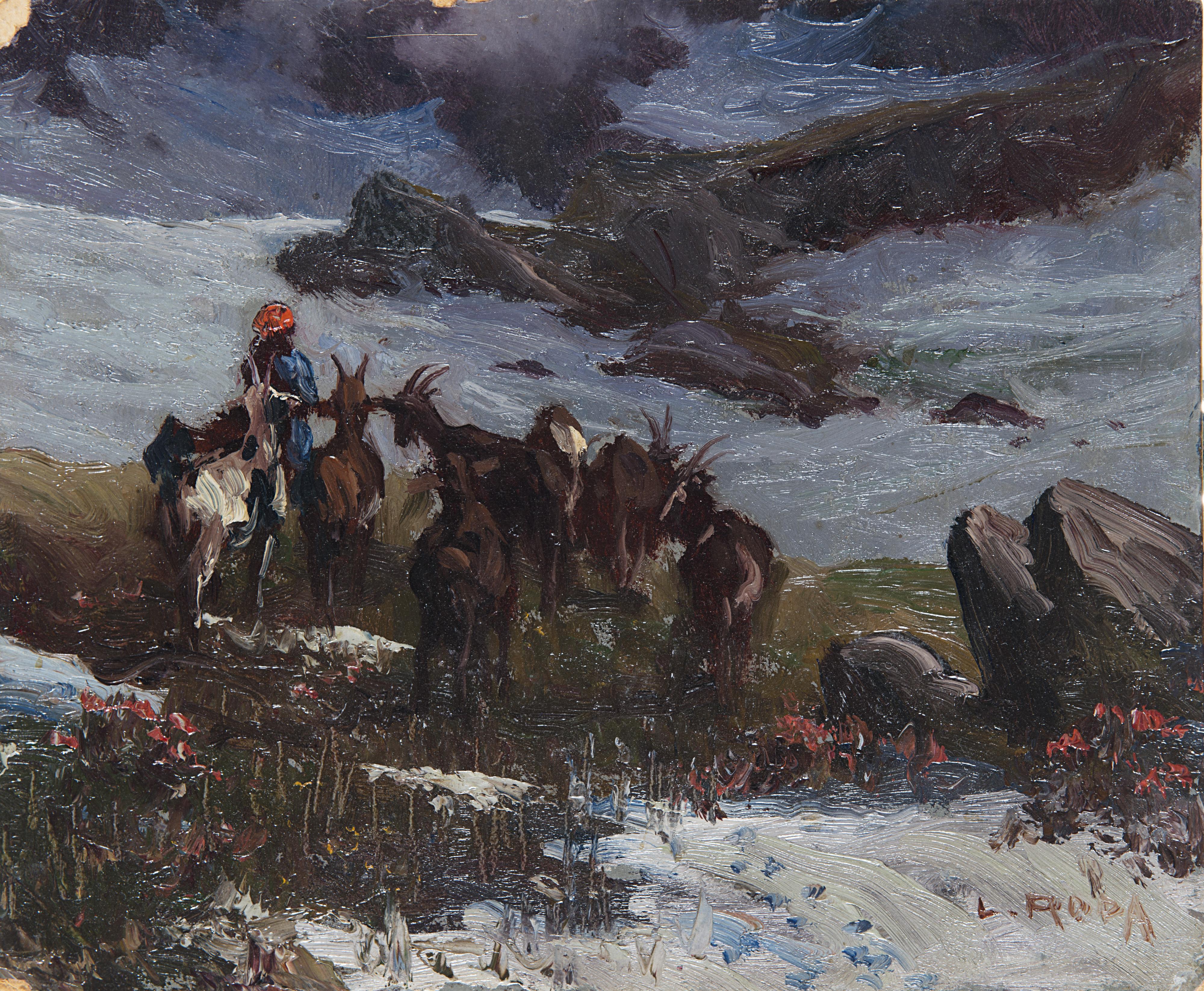 Leonardo Roda - Paesaggio montano con caprette al pascolo