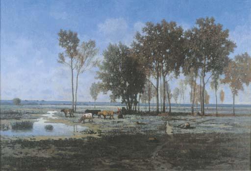 Leonce Chabry - Cows and a Shepherdess near a Stream in a Landscape