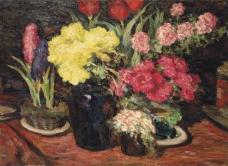 Leonid Pasternak - Still life with hyacinths, tulips, hollyhocks and peonies
