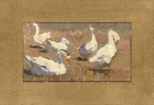 Leonid Petrovitch Baikov - A family of geese; Study of a dog; On the farm; Feeding the hens; and Horses on the riverbank