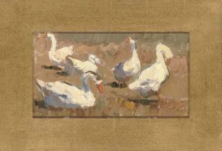 Leonid Petrovitch Baikov - A family of geese; Study of a dog; On the farm; Feeding the hens; and Horses on the riverbank